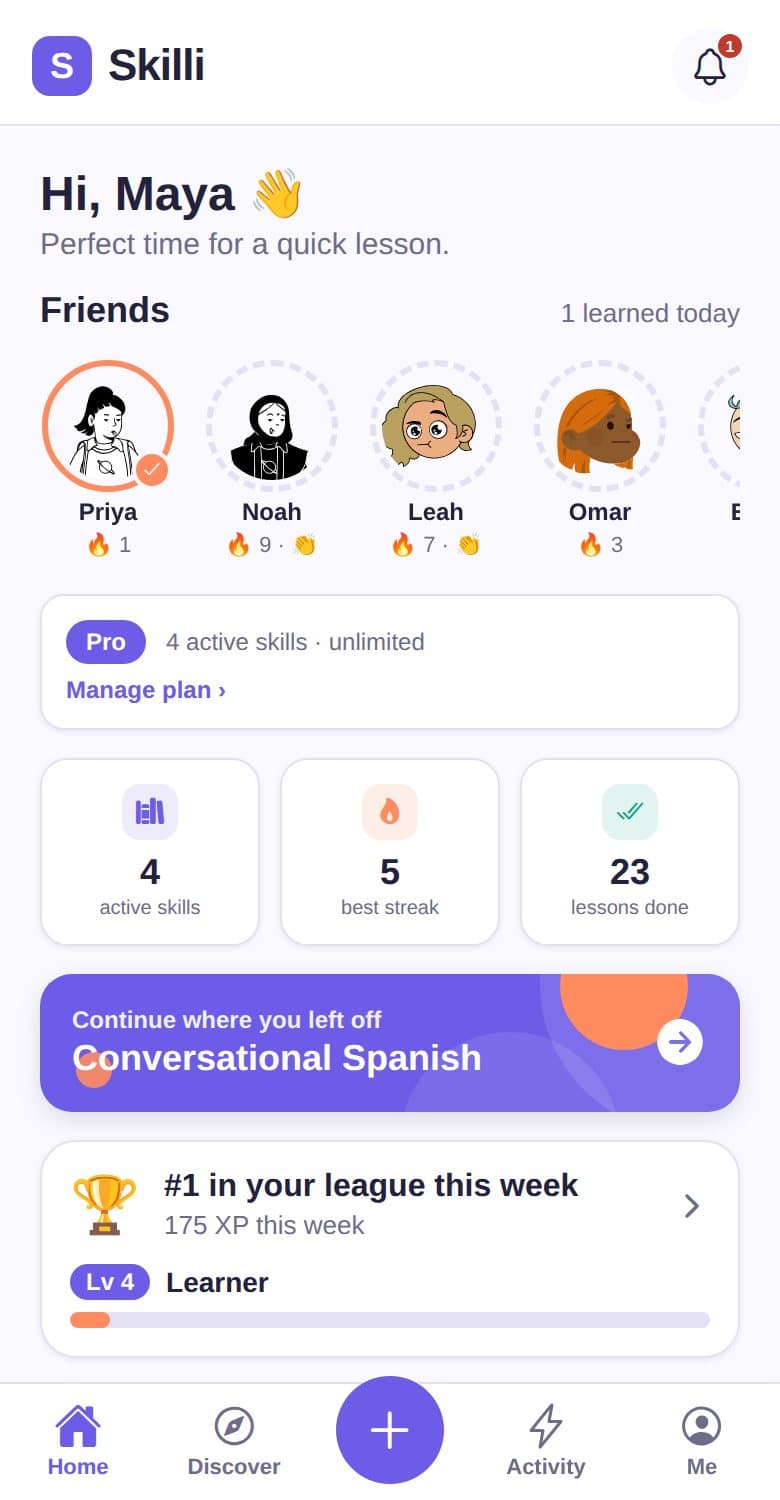 The Skilli home screen with friends' streaks and the weekly league
