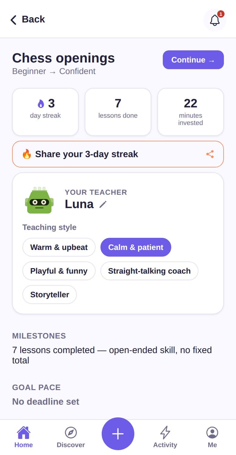 A skill page with streak, lessons done and the teacher Luna with teaching-style choices