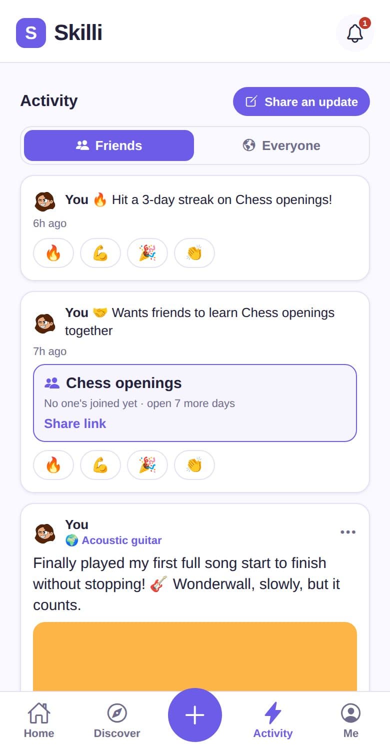The Skilli activity feed with streaks, an invite to learn chess together and a friend's post